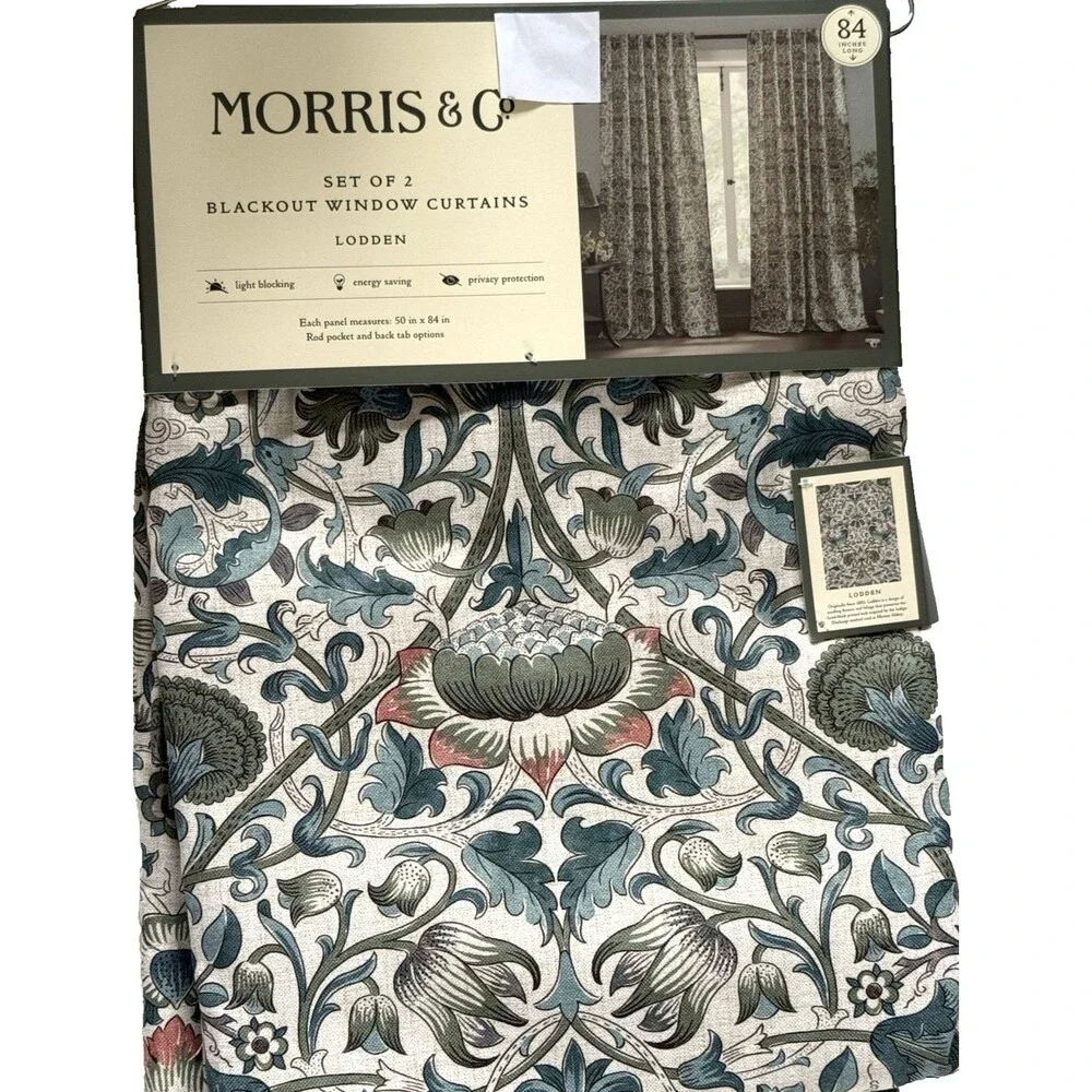 Morris & Co. Window Curtains Panels Lodden Set Pair 50 X 84 Floral Blue Drapes
